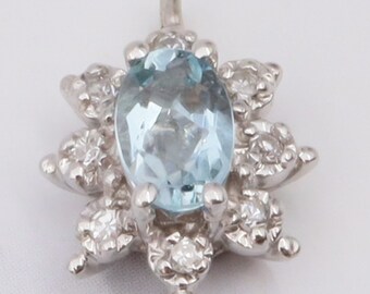 Vintage petite 14k white gold aquamarine & diamond flower pendant -ww