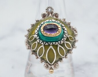 Impressive vintage Barbara Bixby sterling and 18k gold enameled ring with amethyst accent