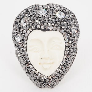 size 6.5 vintage sterling silver carved bone and rhinestone goddess adjustable face ring