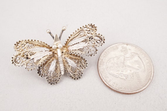 Vintage Gilt .800 Silver Filigree Butterfly Brooch - image 2