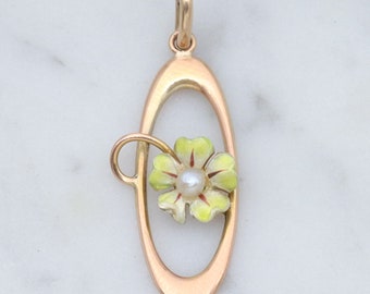 Colgante Art Nouveau antiguo con forma de flor de esmalte y perla en oro de 10 quilates