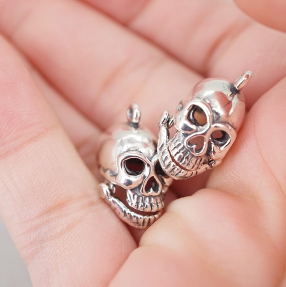sterling silver hinged jaw skull head pendant - image 4