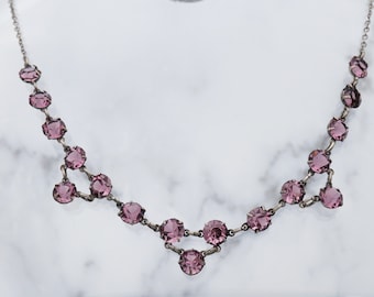 Antique Art Deco sterling open back faceted amethyst crystal festoon necklace