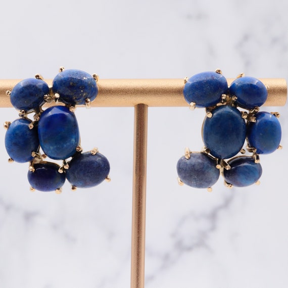 Vintage 14k gold lapis lazuli cluster post earrin… - image 4