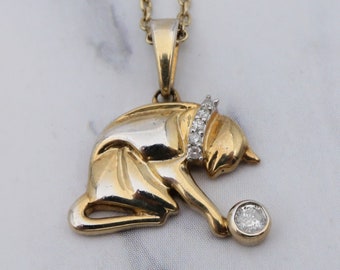 Vintage gold-plated sterling & diamond pendant necklace with adjustable cable link chain, 20”