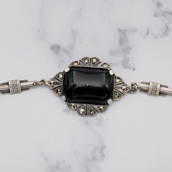 Antique Art Deco sterling, onyx & marcasite brace… - image 2