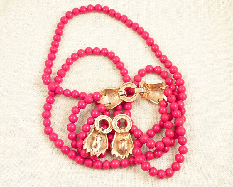 Stunning Vintage Rhinestone Lion Head Knocker Red Bead Necklace with Matching Clip Earrings - SALE