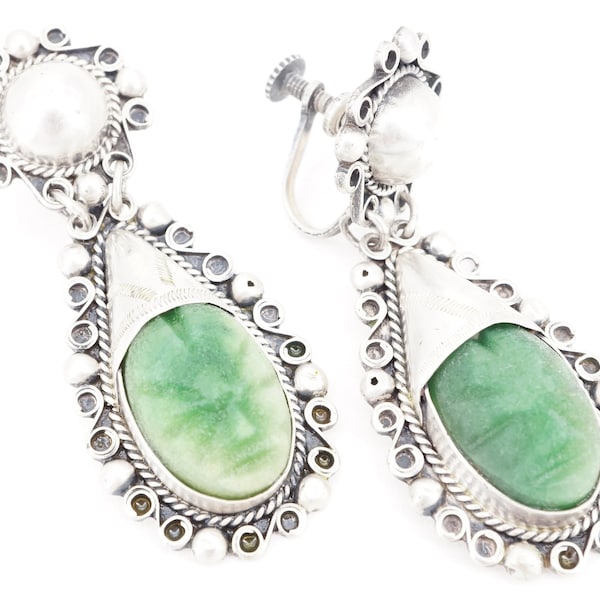 antique mexican sterling silver carved green onyx screw back earrings