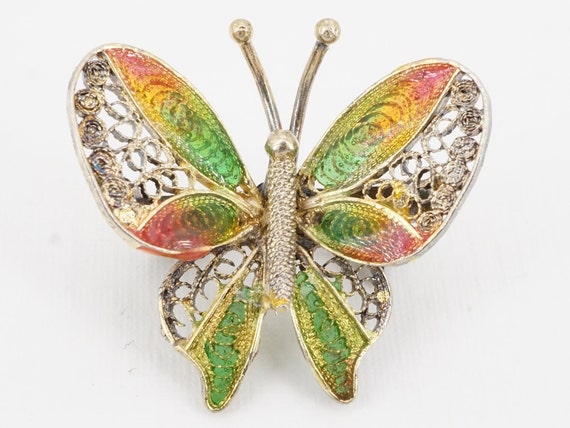 vintage 800 silver gilt filigree enamel butterfly… - image 1