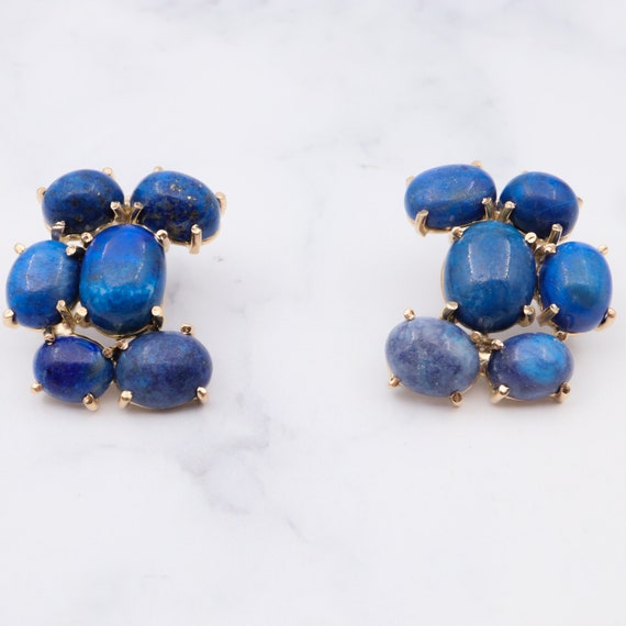 Vintage 14k gold lapis lazuli cluster post earrin… - image 2