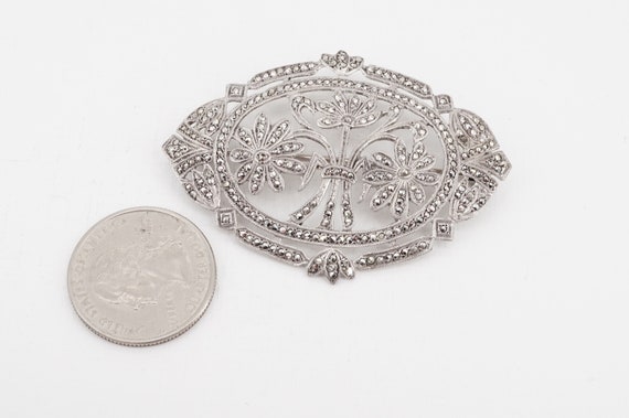 antique deco sterling silver marcasite floral bro… - image 2