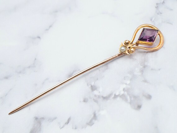 vintage 10k gold faux amethyst seed pearl stick p… - image 4