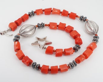 vintage sterling bamboo coral and hematite necklace