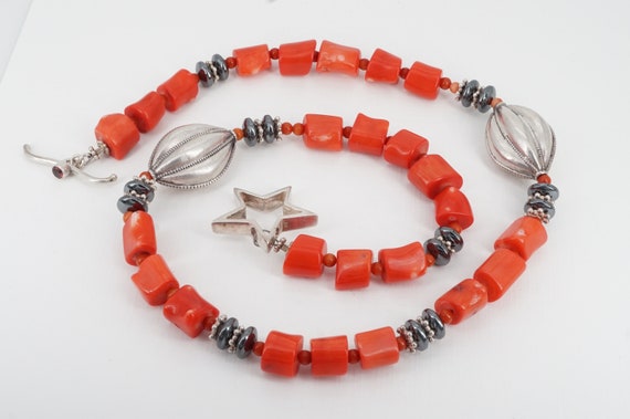 vintage sterling bamboo coral and hematite neckla… - image 1