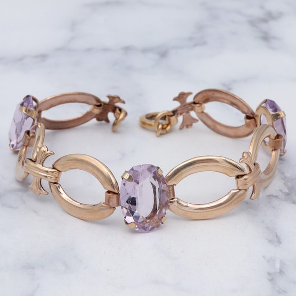 Vintage Retro 12k gold filled oval link & faux amethyst bracelet