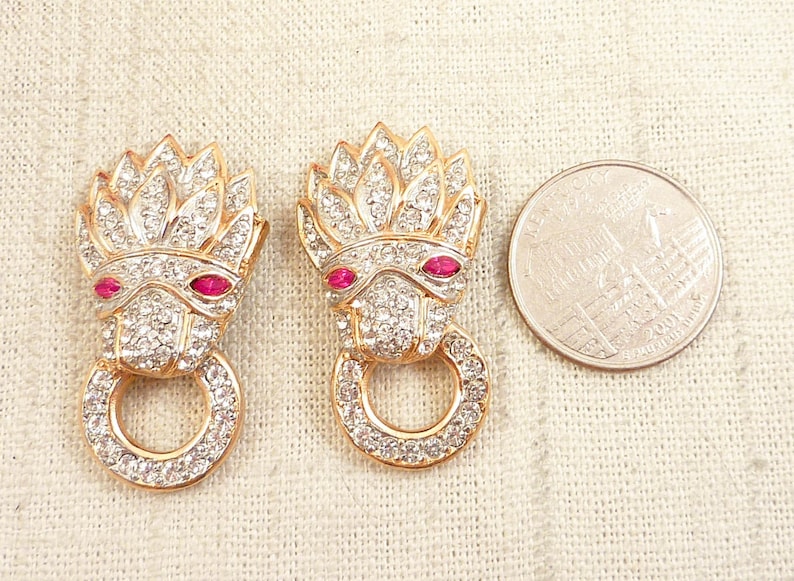Stunning Vintage Rhinestone Lion Head Knocker Red Bead Necklace with Matching Clip Earrings - SALE