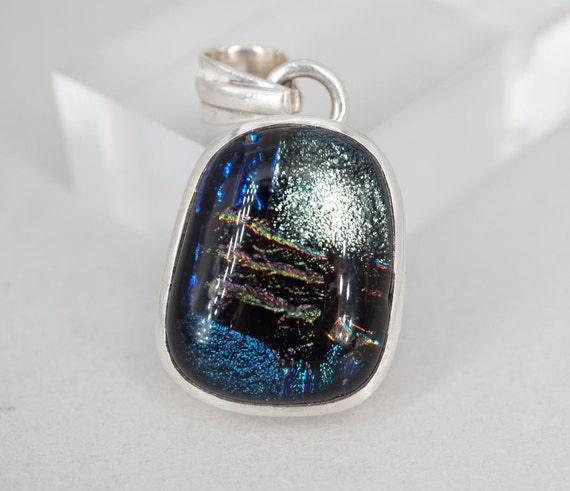 sterling silver dichroic foil glass blue pendant - image 2