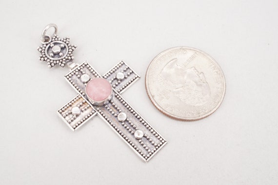 Vintage Sterling Silver & Rose Quartz Cross Penda… - image 2
