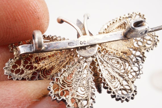 Vintage Gilt .800 Silver Filigree Butterfly Brooch - image 4