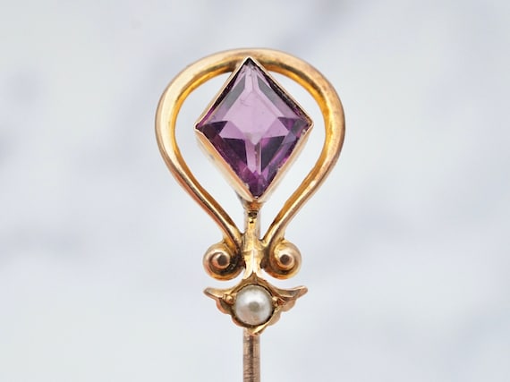 vintage 10k gold faux amethyst seed pearl stick p… - image 1