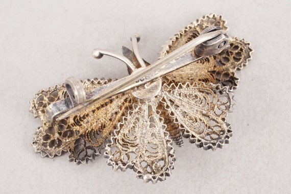 Vintage Gilt .800 Silver Filigree Butterfly Brooch - image 3