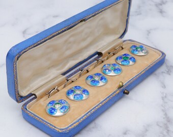 Antique boxed set of Arts & Crafts era sterling enamel buttons