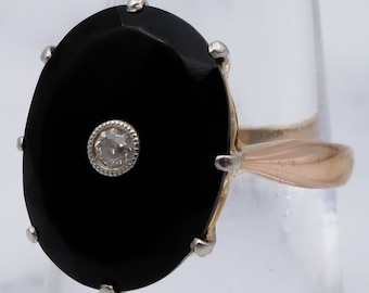 Antique Victorian 18k gold faceted onyx with old European cut diamond center with platinum tip ring, sz 6