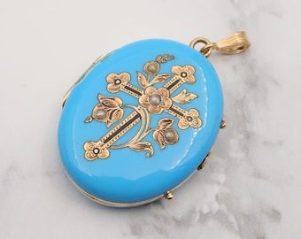 Antique Victorian 10K gold turquoise enamel locket pendant with split pearls & black enamel cross details