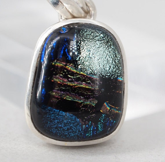 sterling silver dichroic foil glass blue pendant - image 8