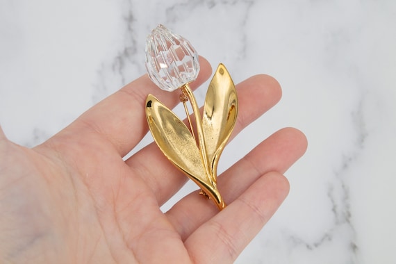 Vintage Swarovski Crystal Gold Plated Large Tulip… - image 6