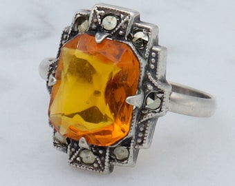 Antique Art Deco Uncas sterling citrine paste and marcasite ring, sz 5.75