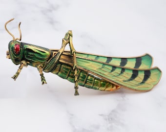 Exceptional and rare antique Czech hand painted brass grasshopper large brooch