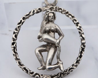 Large vintage sterling Aquarius double sided pendant necklace, 18”