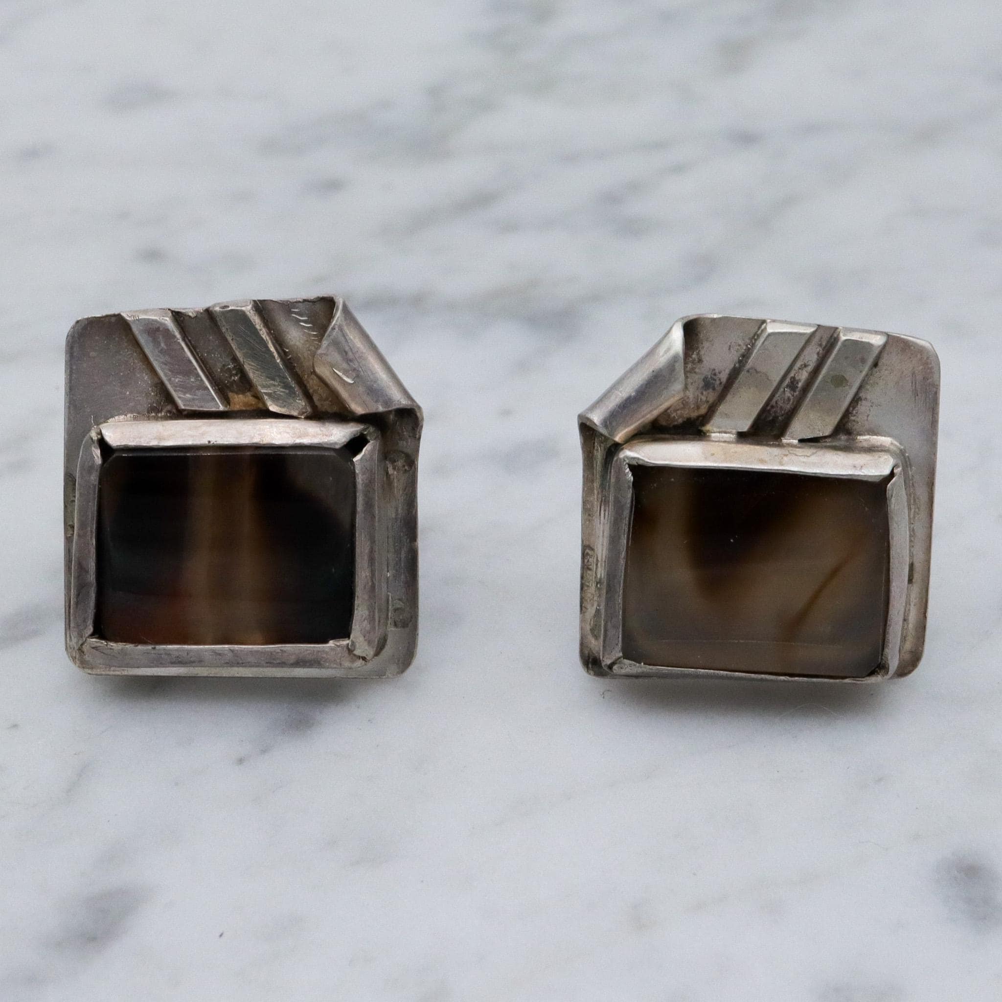 Boutons De Manchette Anciens En Agate & Argent - ACADIA 51916 - Vintage