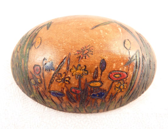 Handmade Vintage 1937 Painted Wildflowers on Oval… - image 1