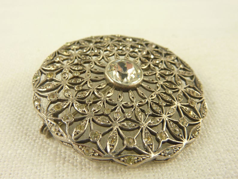 Antique French Deco Sterling and Paste Intricate Round Brooch
