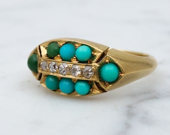 Antique Victorian 18k gold, turquoise & old mine cut diamond ring, sz 6