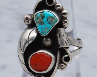 Vintage Sterling Turquoise and Coral Navajo Ring, Size 7, Signed - Etsy