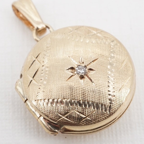 vintage engraved 14k gold locket with diamond - ww