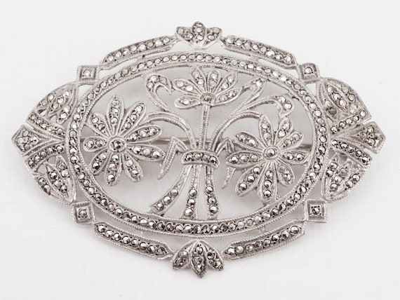 antique deco sterling silver marcasite floral bro… - image 1