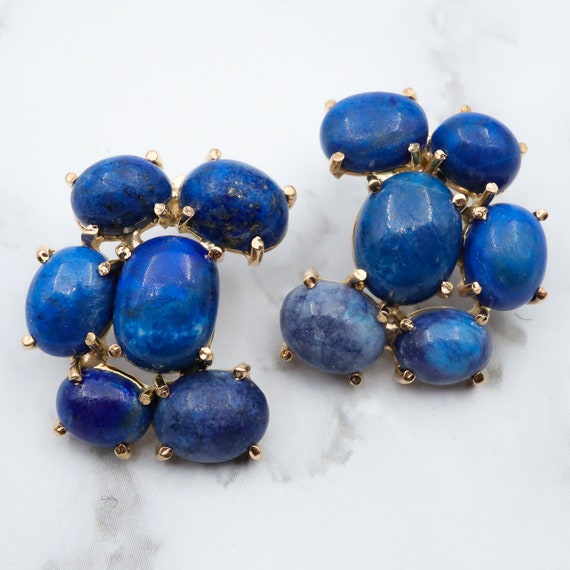 Vintage 14k gold lapis lazuli cluster post earrin… - image 1