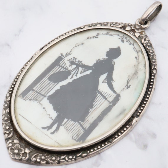 Antique sterling hand painted silhouette portrait… - image 2