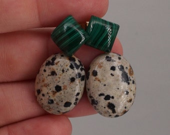 Dalmatian, Jasper and Malachite gold plated sterling silver earrings