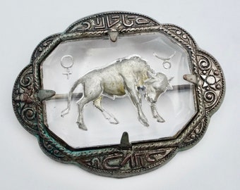 antique taurus silvertone brass reverse-painted intaglio brooch