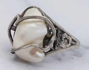 Rare Antique Art Deco sterling & natural baroque pearl ring, sz 2.5