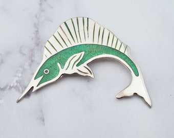 Vintage Mexican sterling & enamel swordfish brooch