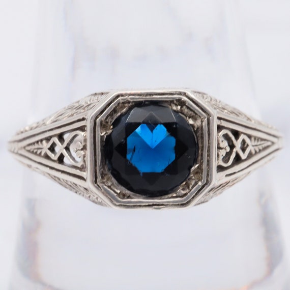 Art Deco style sterling filigree faux sapphire ri… - image 2