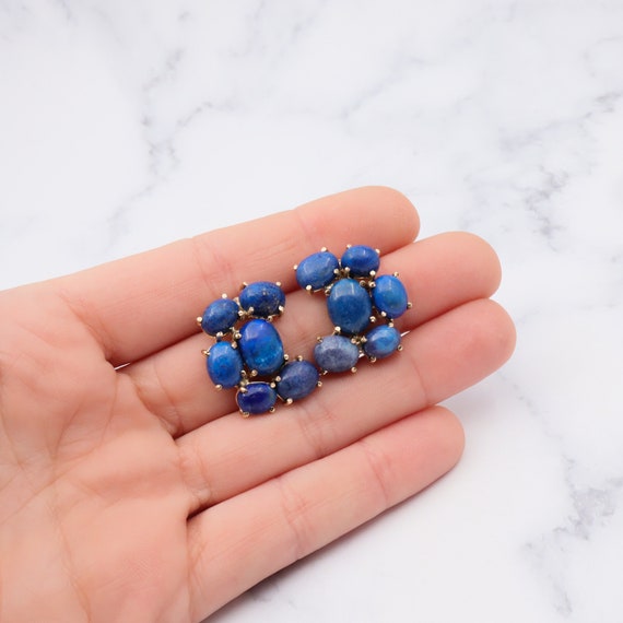 Vintage 14k gold lapis lazuli cluster post earrin… - image 3