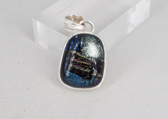 sterling silver dichroic foil glass blue pendant - image 4
