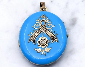 Antique Victorian 14k gold blue & black enamel locket pendant with split pearls